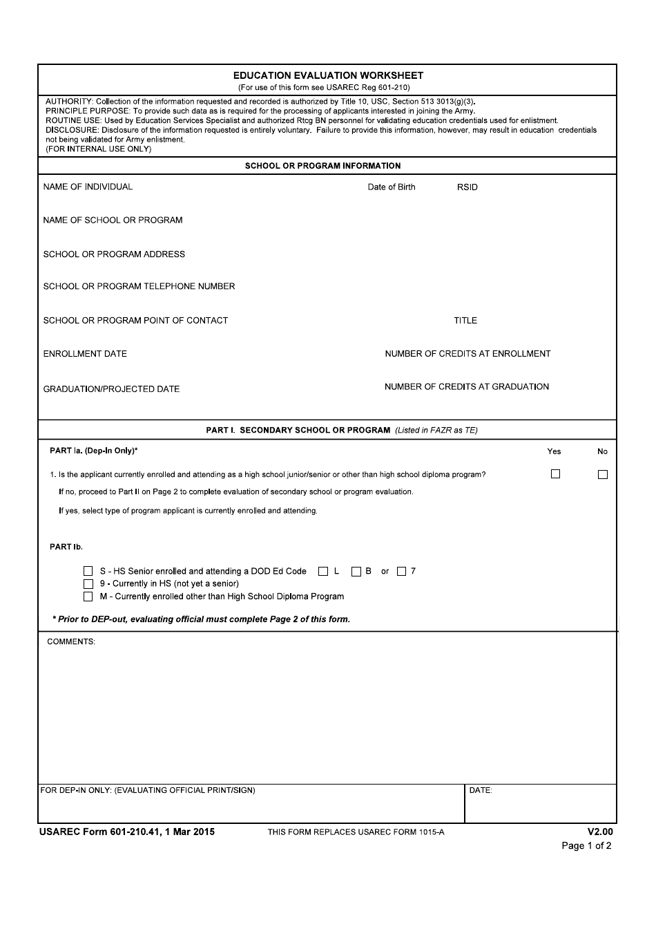 USAREC Form 601-210.41 Education Evaluation Worksheet, Page 1
