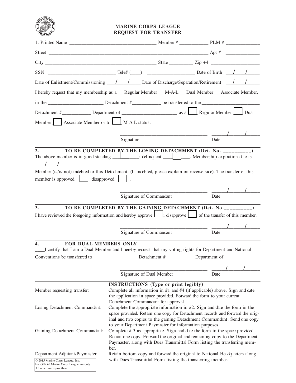 Request for Transfer Form - Marine Corps League, Inc. - Fill Out, Sign ...