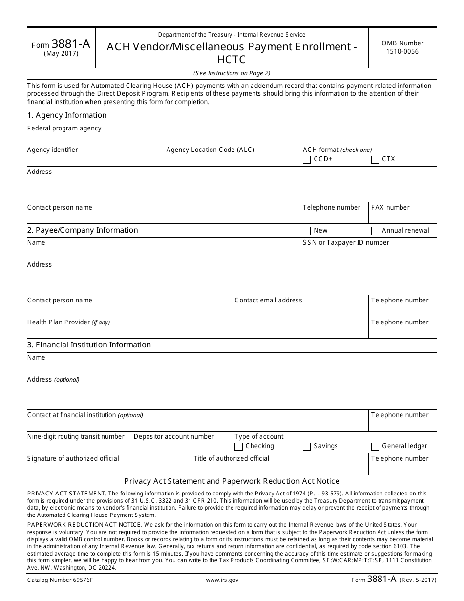 IRS Form 3881-A ACH Vendor / Miscellaneous Payment Enrollment - Hctc, Page 1