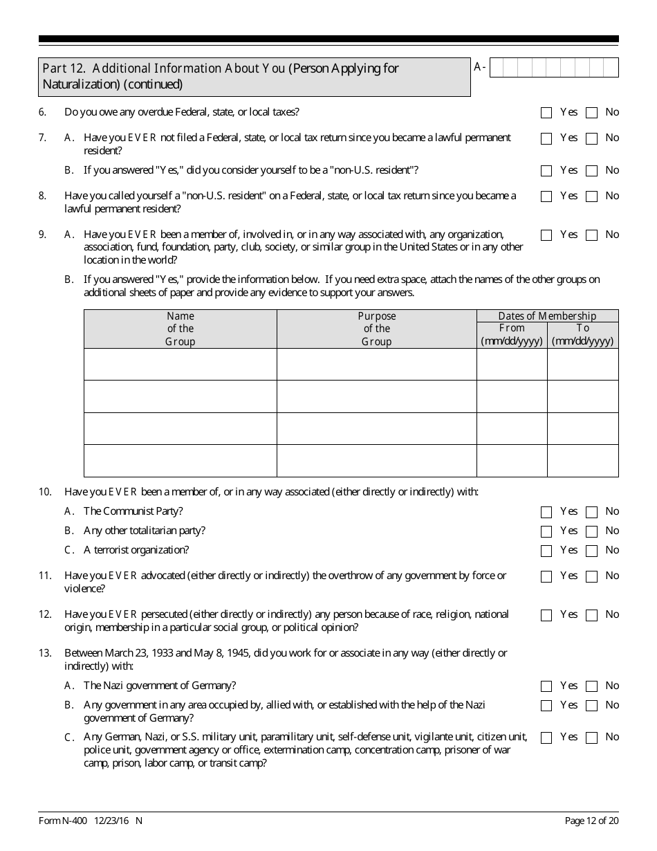 USCIS Form N-400 Application for Naturalization, Page 12