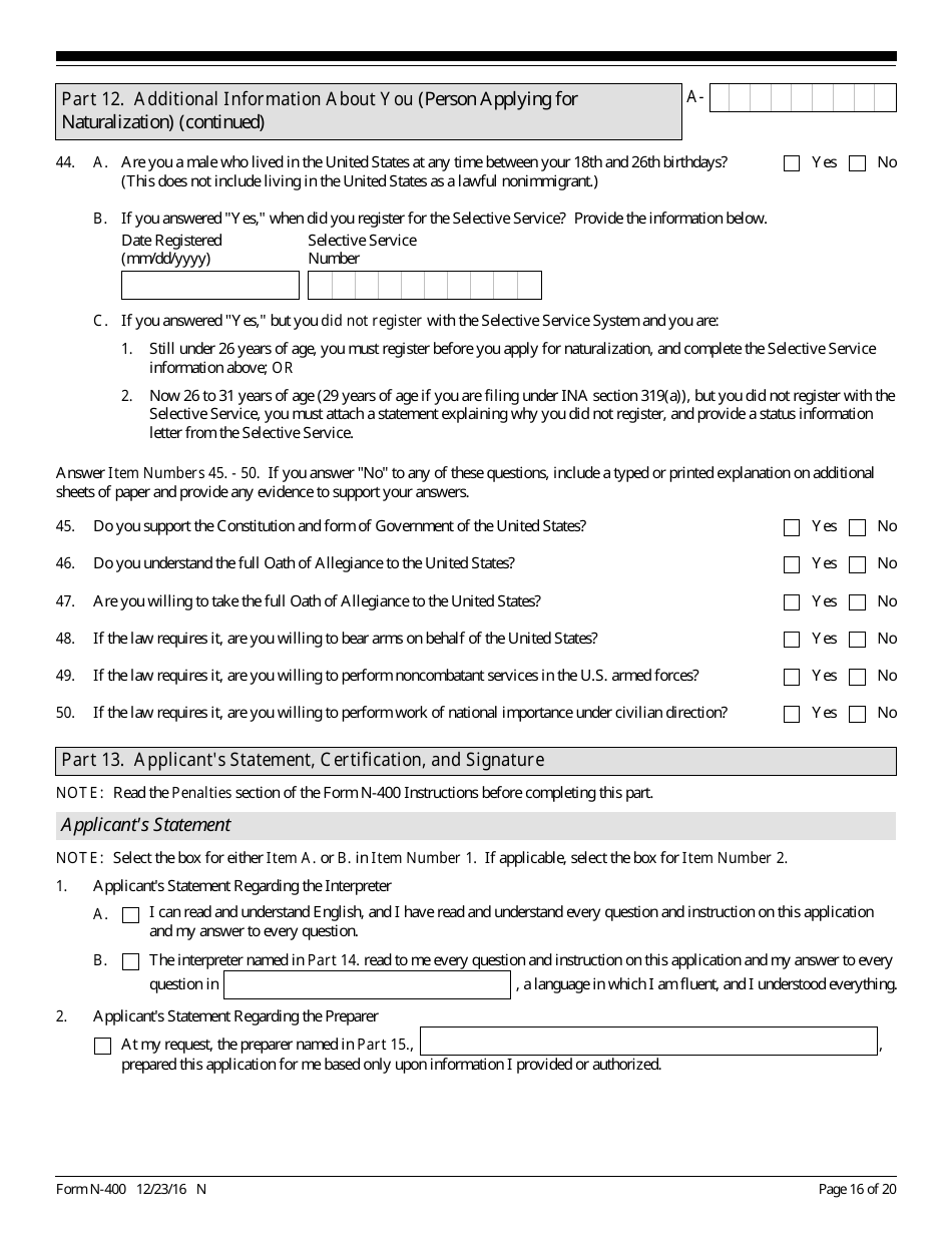 USCIS Form N-400 Application for Naturalization, Page 16