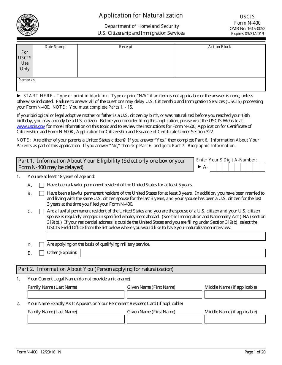 USCIS Form N-400 Application for Naturalization, Page 1
