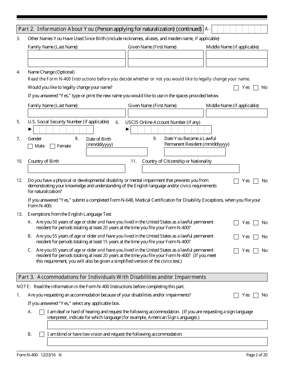 USCIS Form N-400 Application for Naturalization, Page 2
