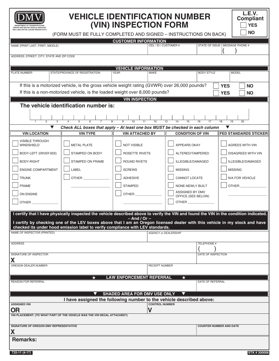 Form 735-11 Vehicle Identification Number (Vin) Inspection Form - Oregon, Page 1