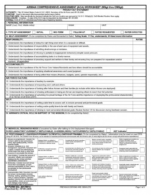 AF Form 932 Airman Comprehensive Assessment (ACA) Worksheet (MSGT Thru CMSgt)