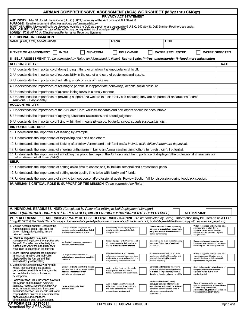 AF Form 932 Airman Comprehensive Assessment (ACA) Worksheet (MSGT Thru CMSgt), Page 1