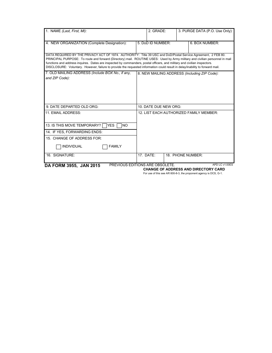 DA Form 3955 Change of Address and Directory Card, Page 1