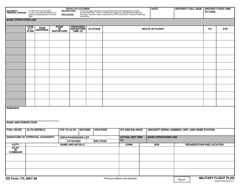 Dd Form 175 Download Fillable Pdf Or Fill Online Military Flight Plan