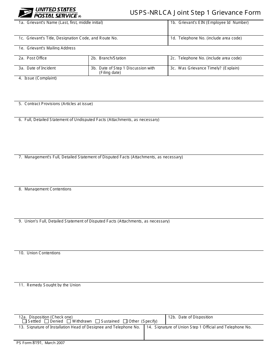 PS Form 8191 USPS-Nrlca Joint Step 1 Grievance Form, Page 1