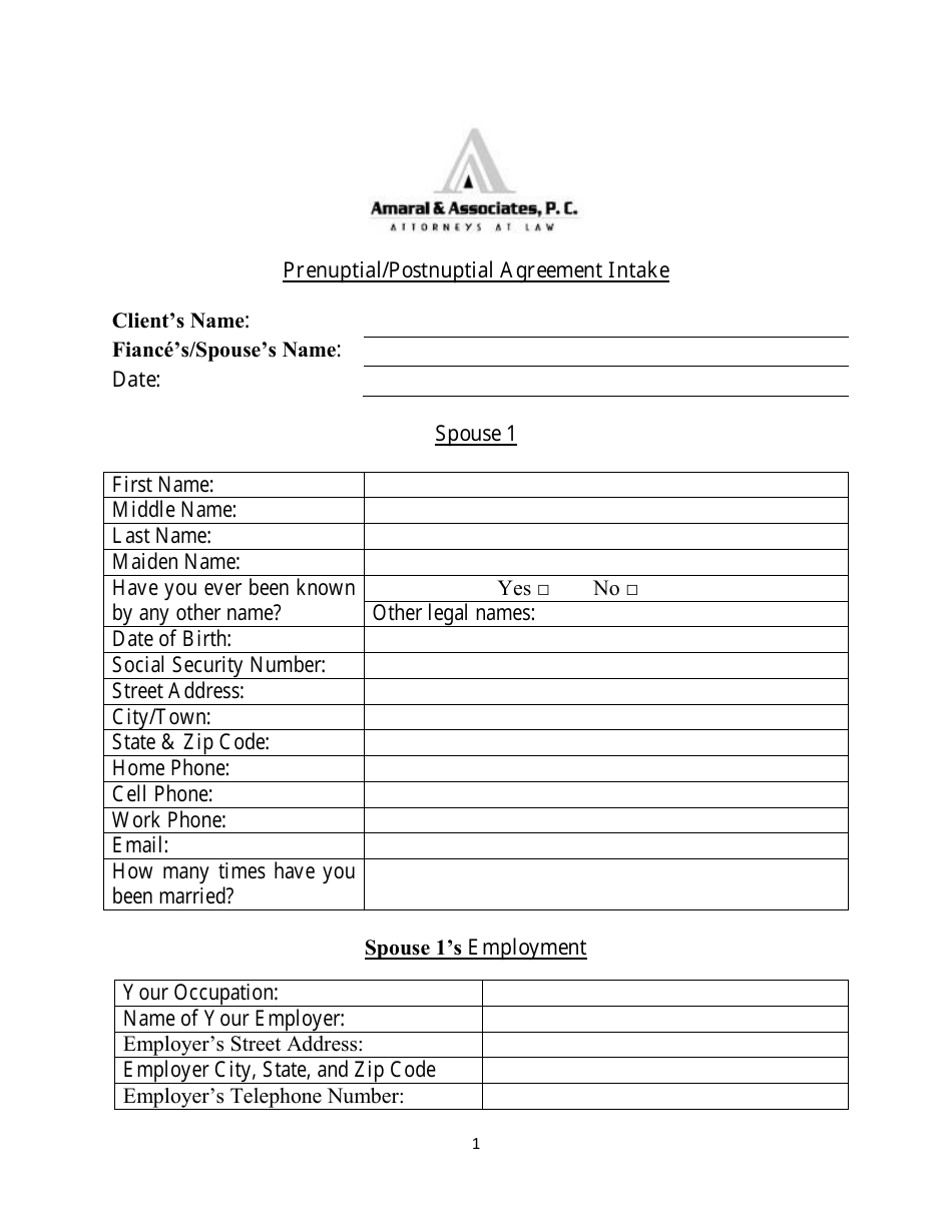Prenuptial / Postnuptial Agreement Intake Form - Amarai  Associates, P.c., Page 1