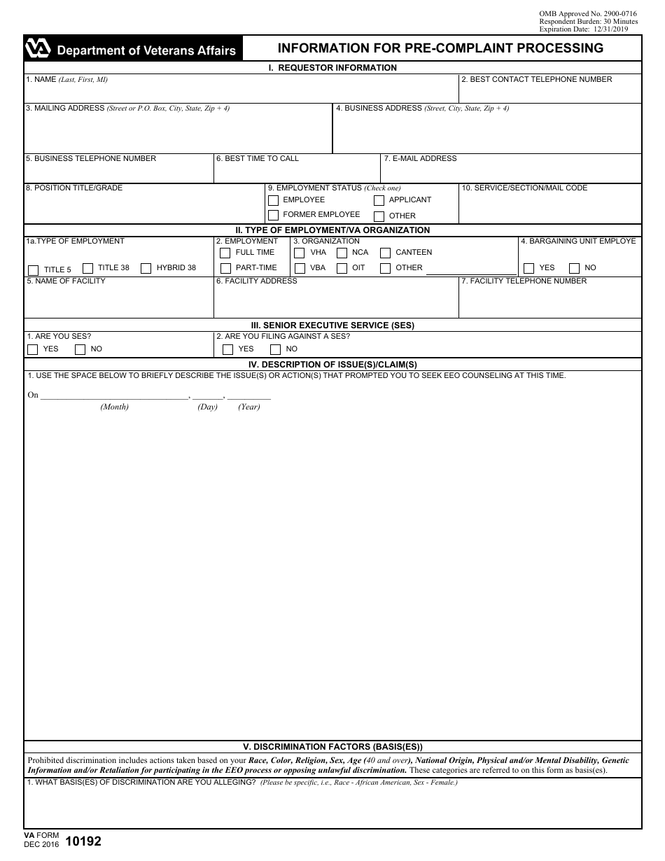 VA Form 10192 Information for Pre-complaint Processing, Page 1