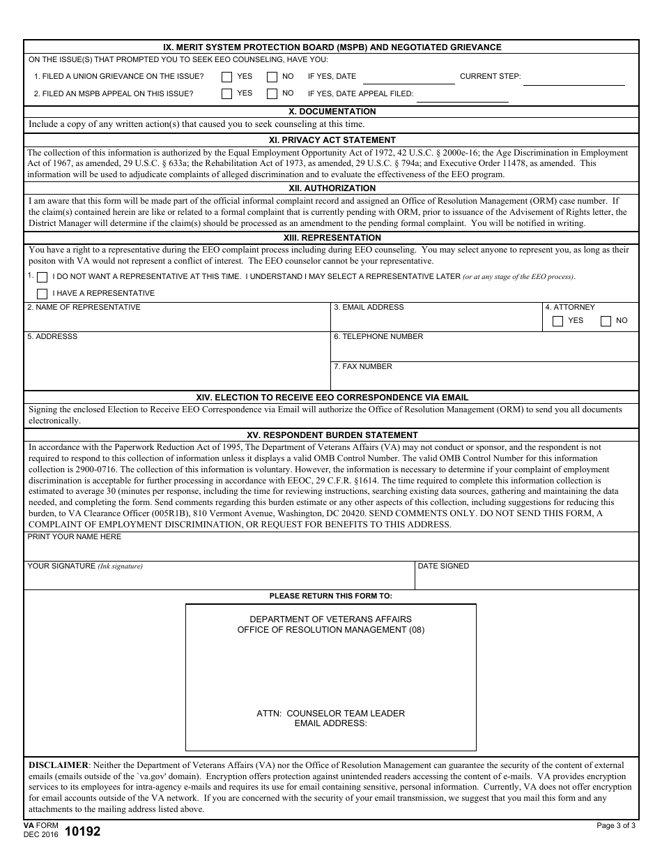 VA Form 10192 Information for Pre-complaint Processing, Page 3
