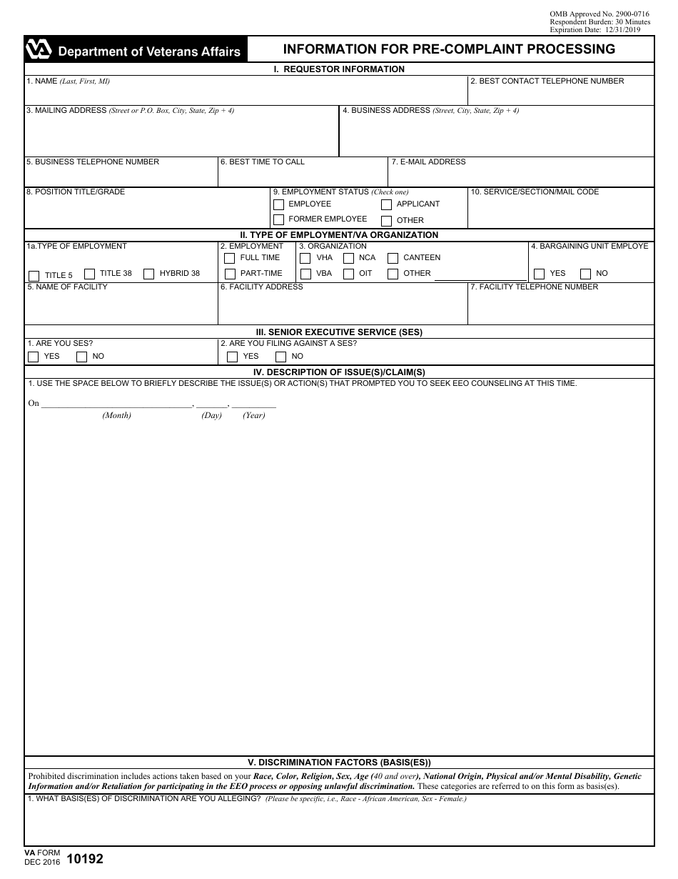 VA Form 10192 Download Fillable PDF or Fill Online Information for Pre Sns-Brigh10