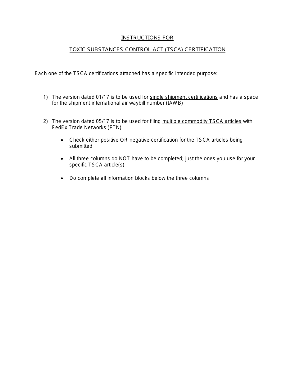 Toxic Substance Control Act (Tsca) Certification Form, Page 1