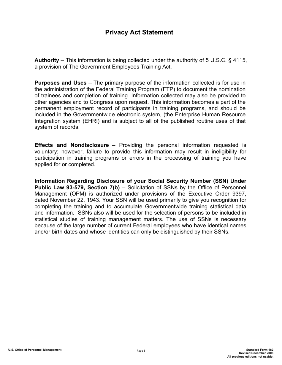 OPM Form SF-182 Authorization, Agreement and Certification of Training, Page 3
