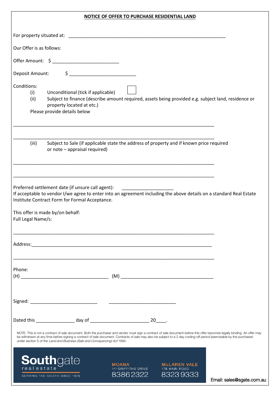Notice of Offer to Purchase Residential Land Southgate Real Estate