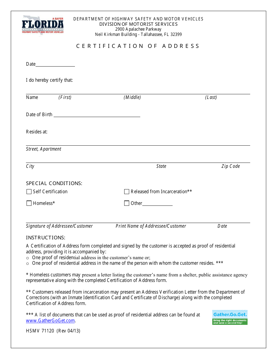 Form HSMV71120 Certification of Address - Florida, Page 1