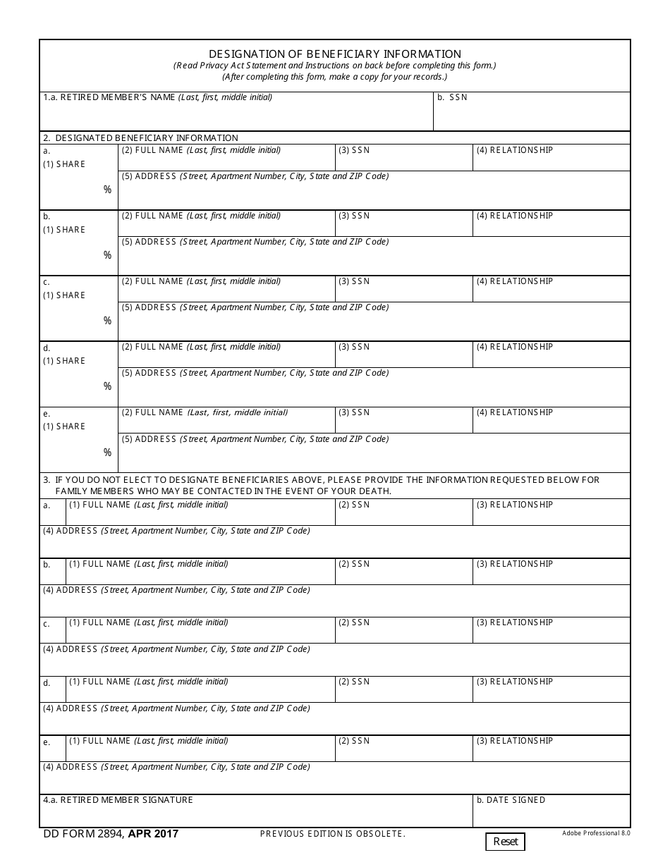 DD Form 2894 Designation of Beneficiary Information, Page 1