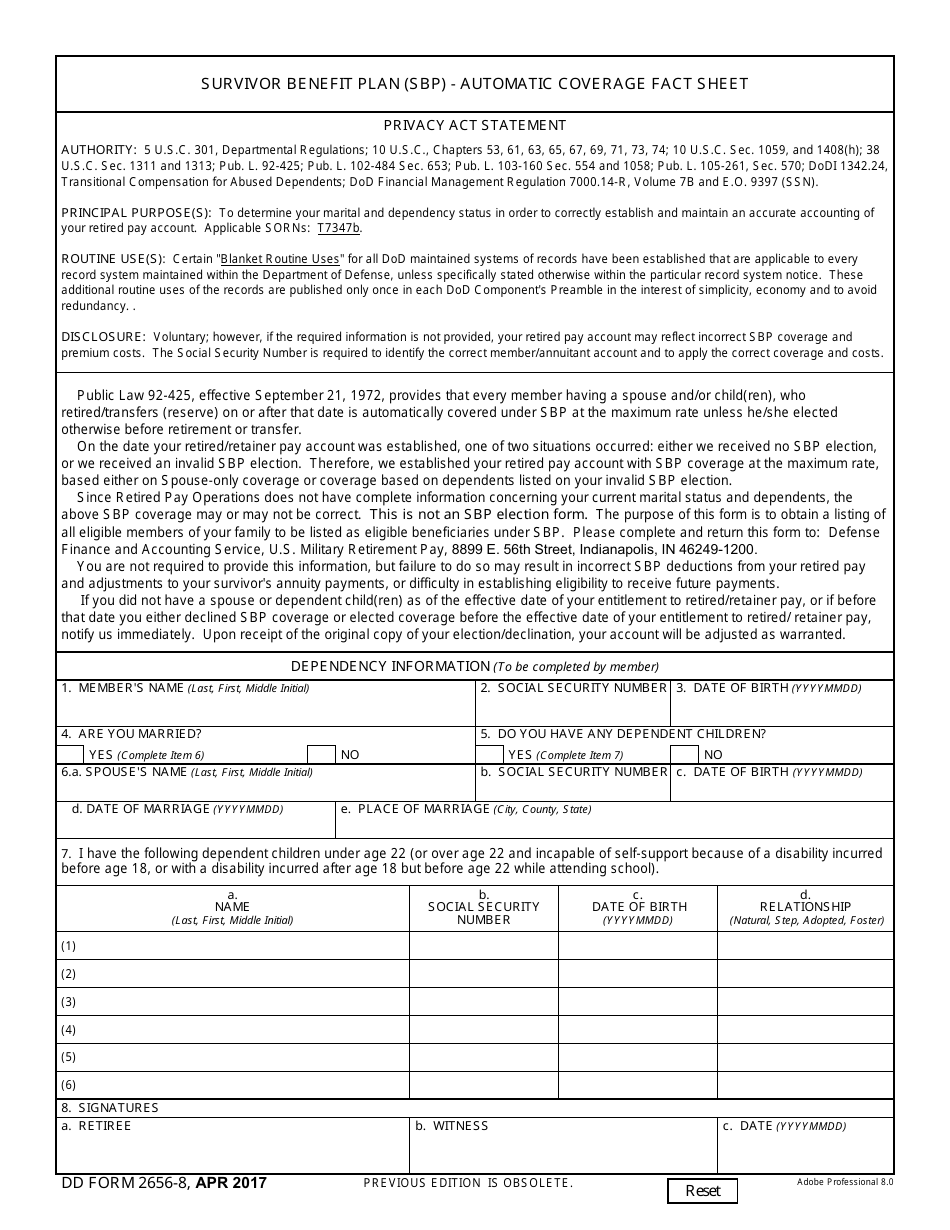 DD Form 2656-8 Survivor Benefit Plan (SBP) - Automatic Coverage Fact Sheet, Page 1
