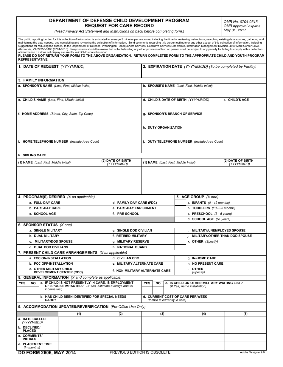 DD Form 2606 Department of Defense Child Development Program Request for Care Record, Page 1