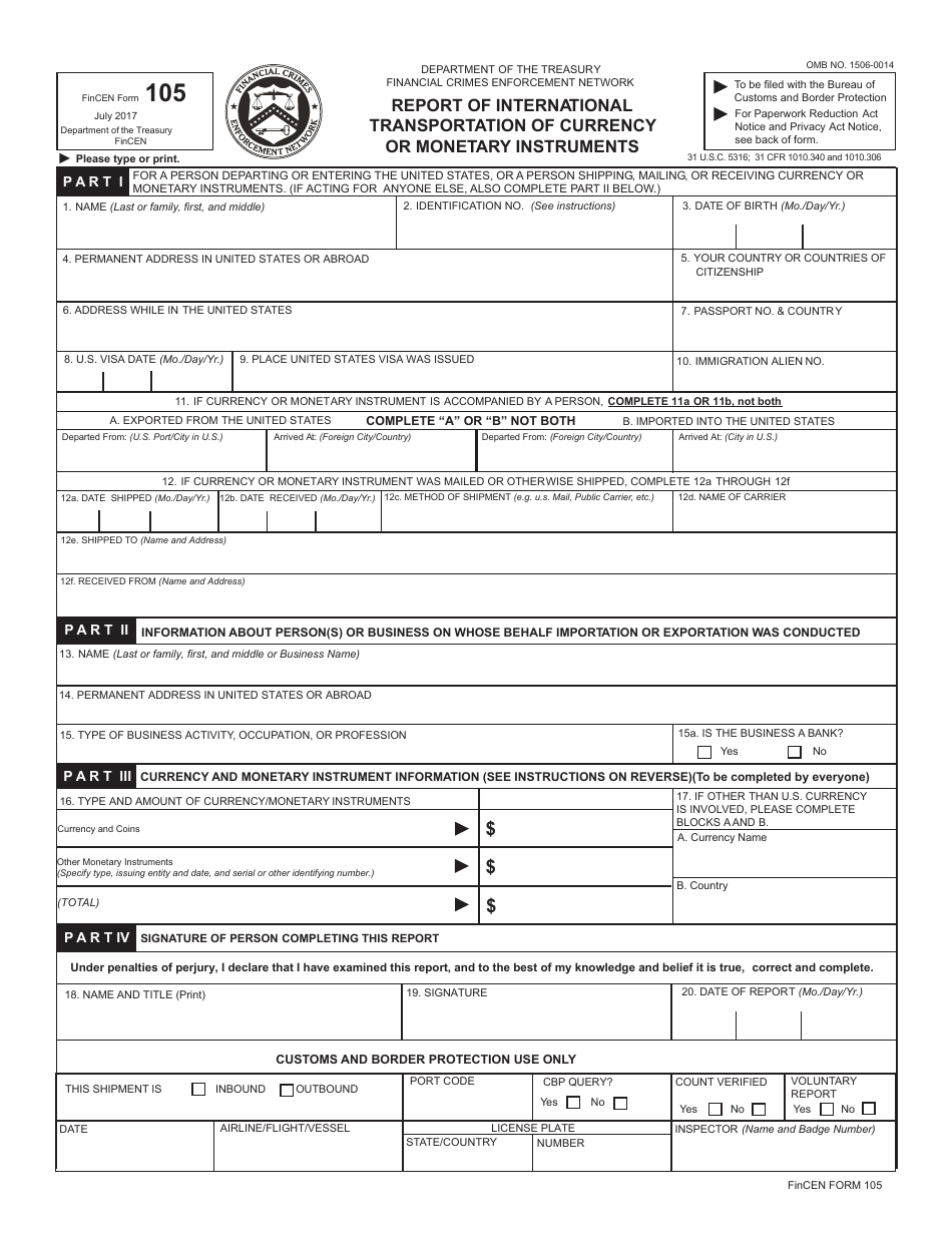 FinCEN Form 105 Report of International Transportation of Currency or Monetary Instruments, Page 1
