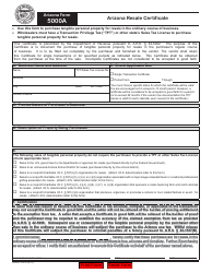 Arizona Form 5000A (ADOR10316) &quot;Arizona Resale Certificate&quot; - Arizona
