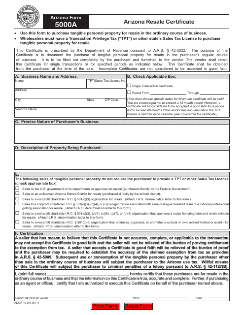 Arizona Form 5000A (ADOR10316)  Printable Pdf