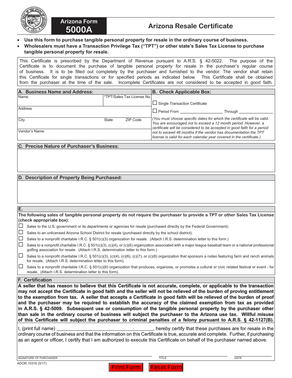 Arizona Form 5000A (ADOR10316) Arizona Resale Certificate - Arizona, Page 1