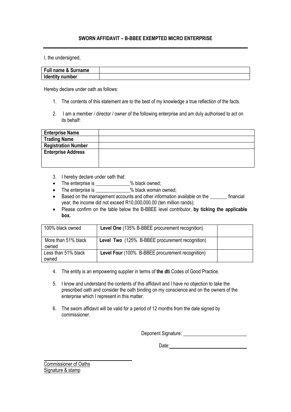 B-BBEE Exempted Micro Enterprise Sworn Affidavit Form, Page 1