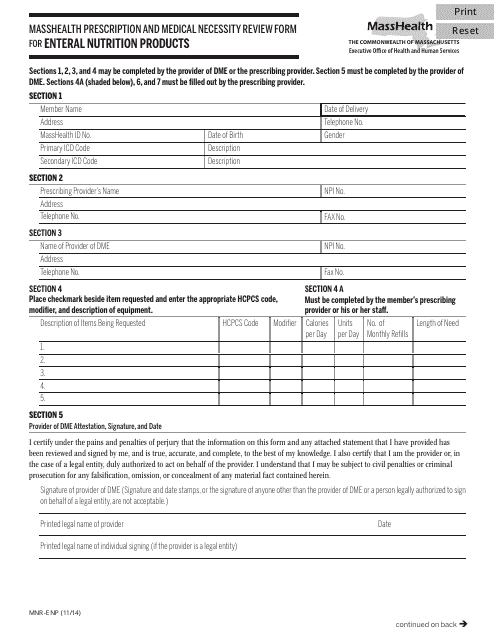 Form mnr-enp Masshealth Prescription and Medical Necessity Review Form for Enteral Nutrition Products - Massachusetts