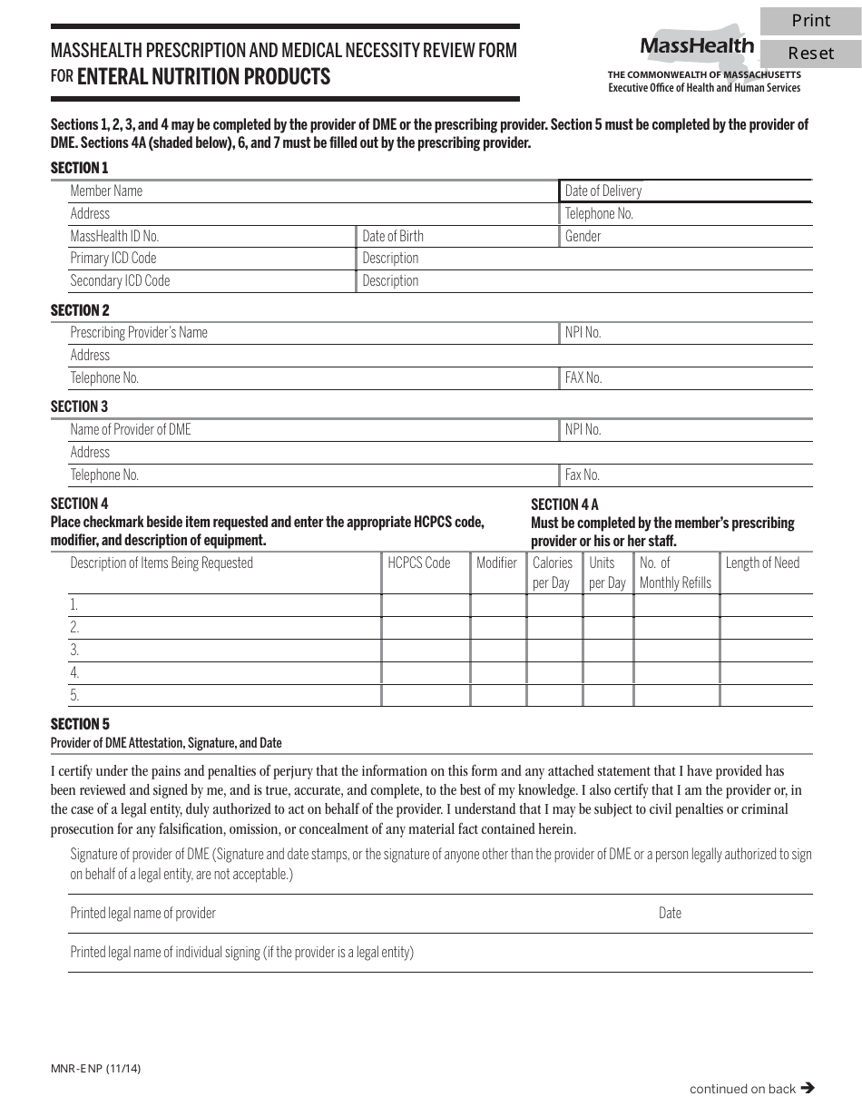 Form mnr-enp Masshealth Prescription and Medical Necessity Review Form for Enteral Nutrition Products - Massachusetts, Page 1