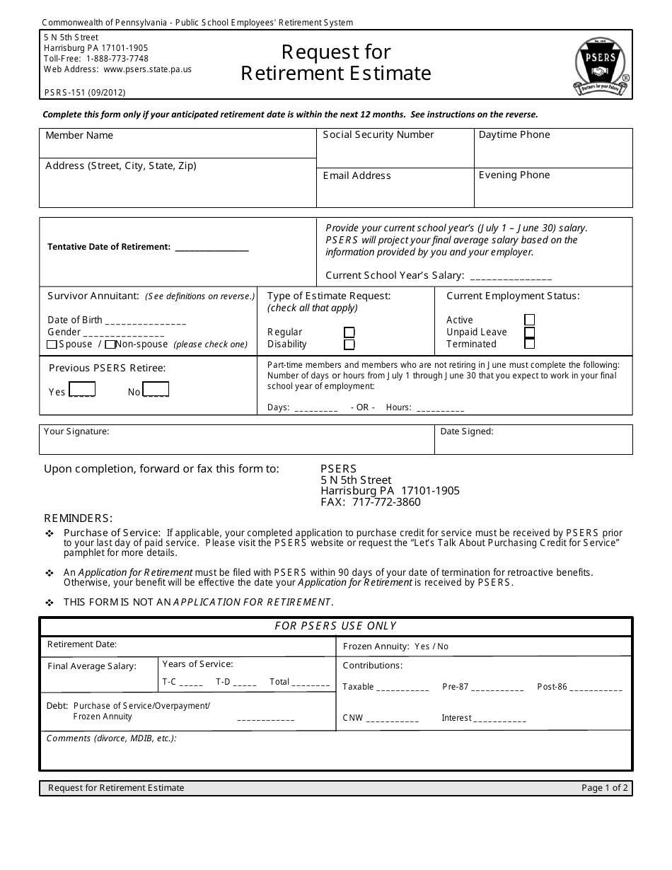 Form PSRS-151 Request for Retirement Estimate - Pennsylvania, Page 1