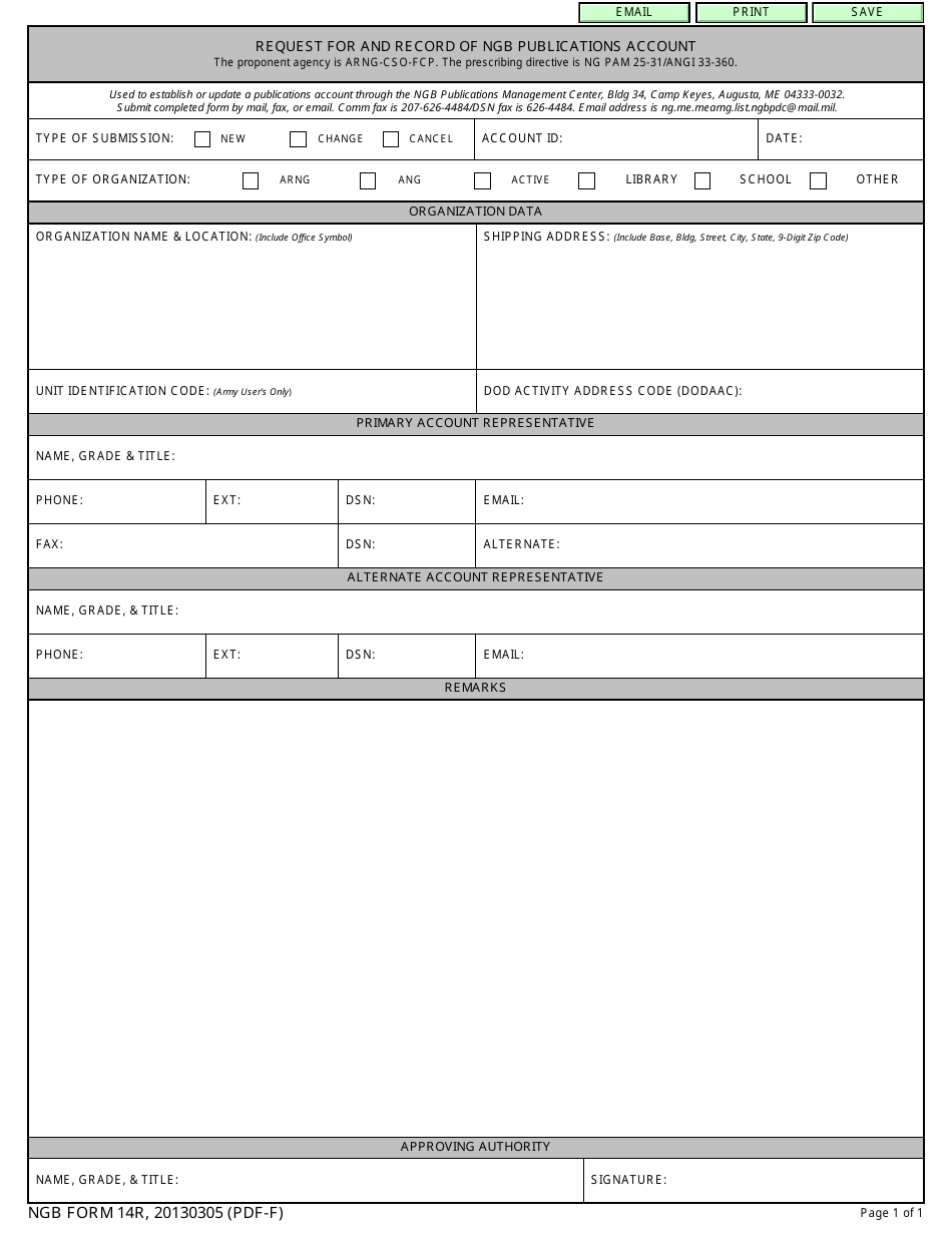 NGB Form 14r Request for and Record of NGB Publications Account, Page 1