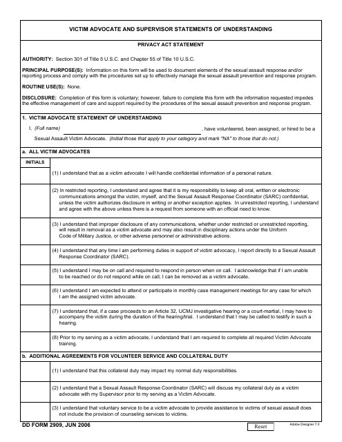 DD Form 2909 Victim Advocate and Supervisor Statements of Understanding