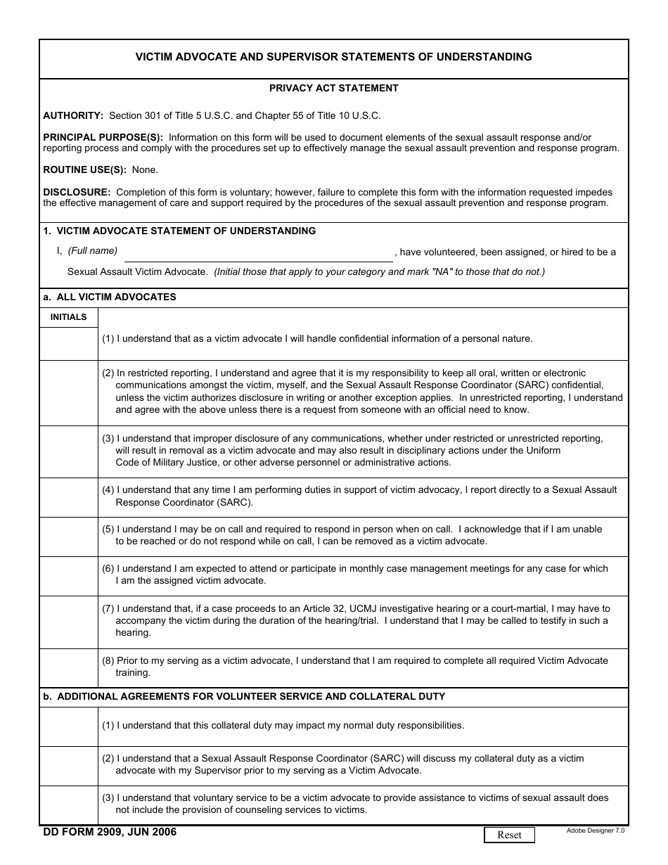 DD Form 2909 Victim Advocate and Supervisor Statements of Understanding, Page 1