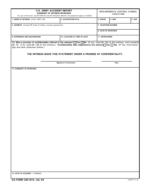 DA Form 285-W  Printable Pdf