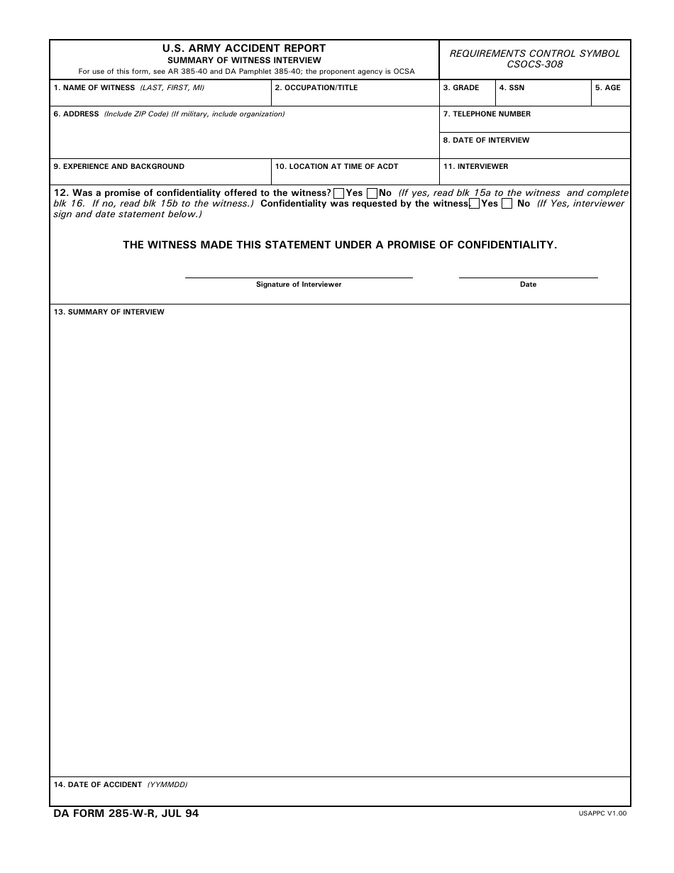 DA Form 285-W Accident Report Summary of Witness Interview, Page 1