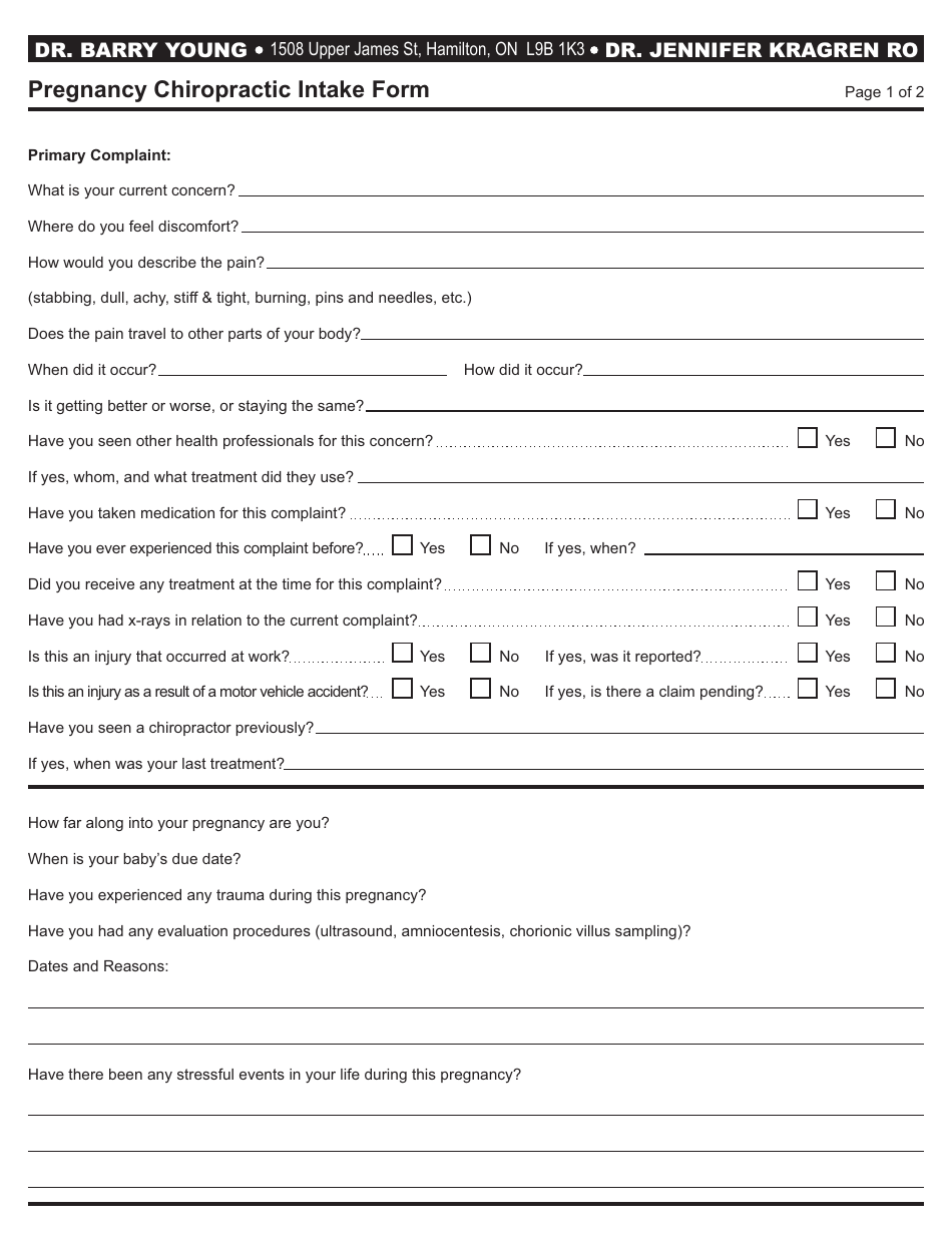 Pregnancy Chiropractic Intake Form - Dr. Barry Young, Dr. Jennifer Kragren Ro, Page 1