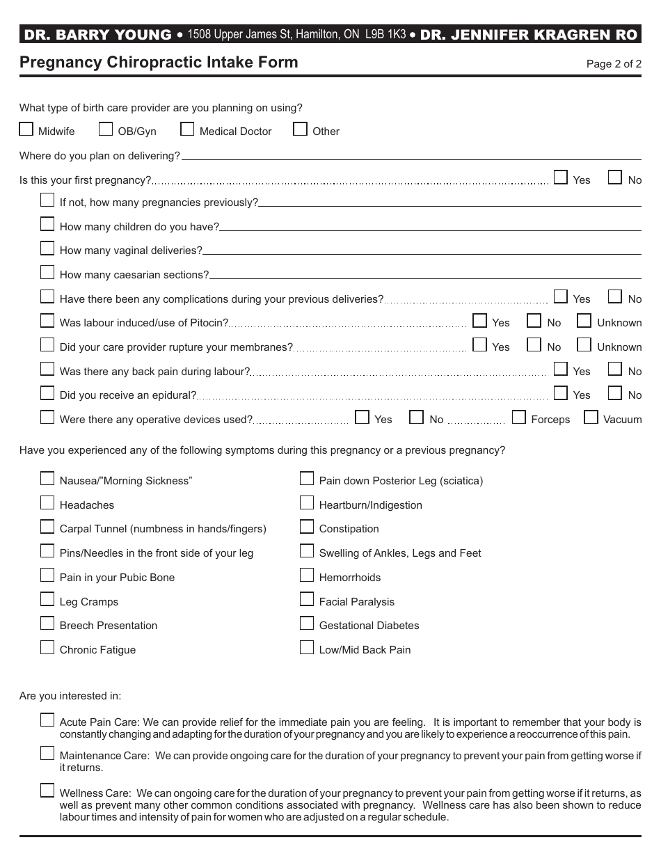 Pregnancy Chiropractic Intake Form - Dr. Barry Young, Dr. Jennifer Kragren Ro, Page 2
