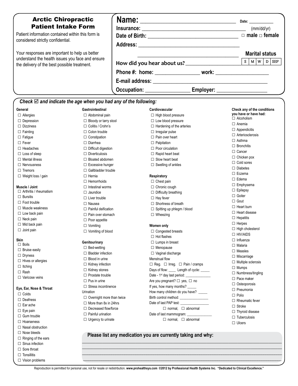 Arctic Chiropractic Patient Intake Form, Page 1