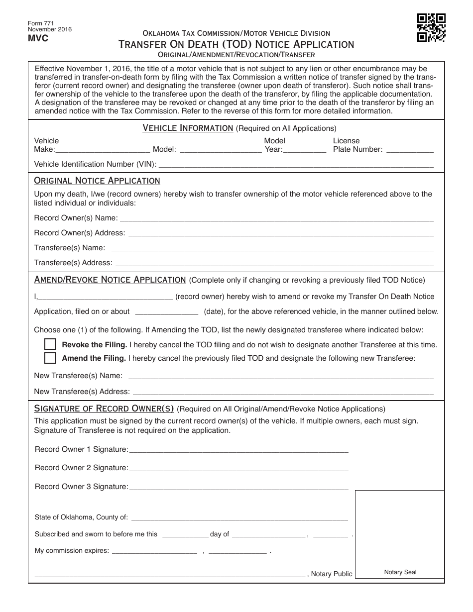 OTC Form 771 Transfer on Death (Tod) Notice Application - Oklahoma, Page 1