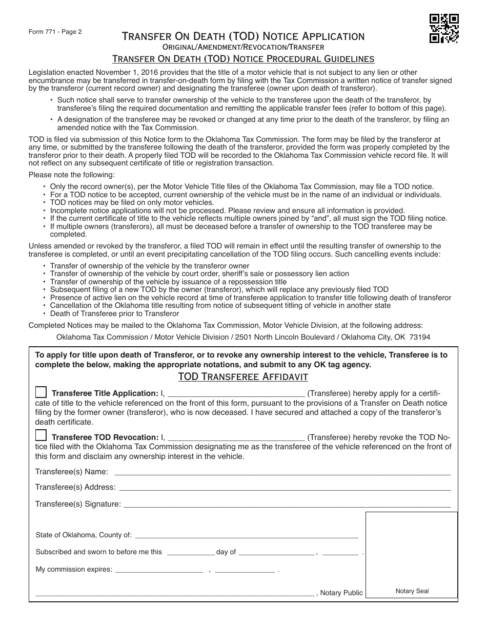 OTC Form 771 Transfer on Death (Tod) Notice Application - Oklahoma, Page 2