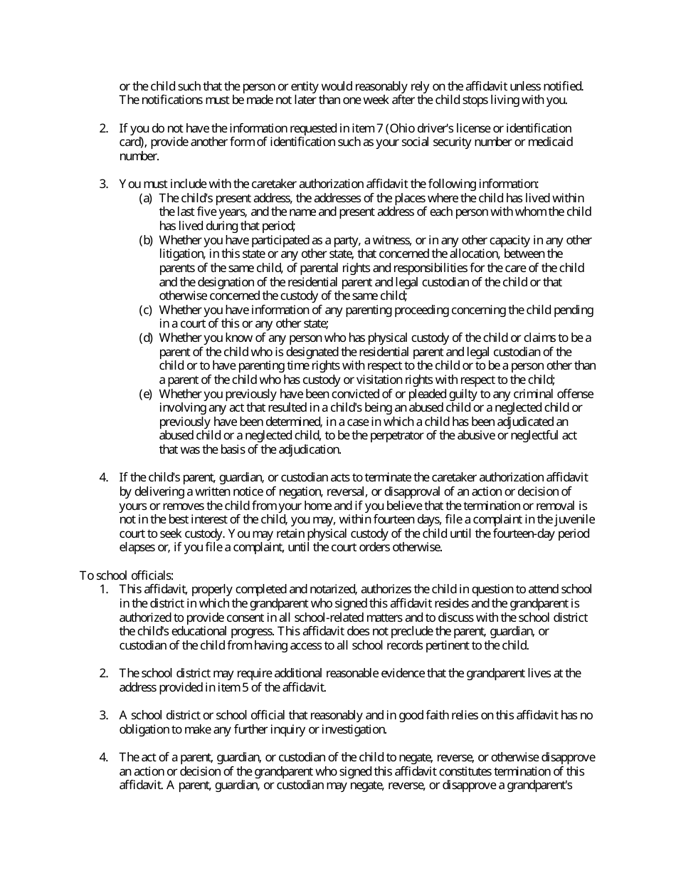 Caretaker Authorization Affidavit - Ohio, Page 3