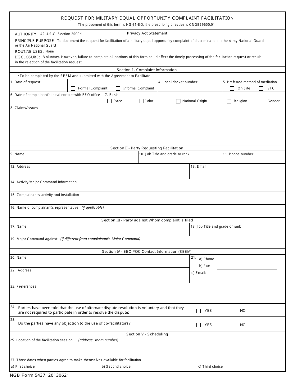 NGB Form 5437 Request for Military Equal Opportunity Complaint Facilitation, Page 1