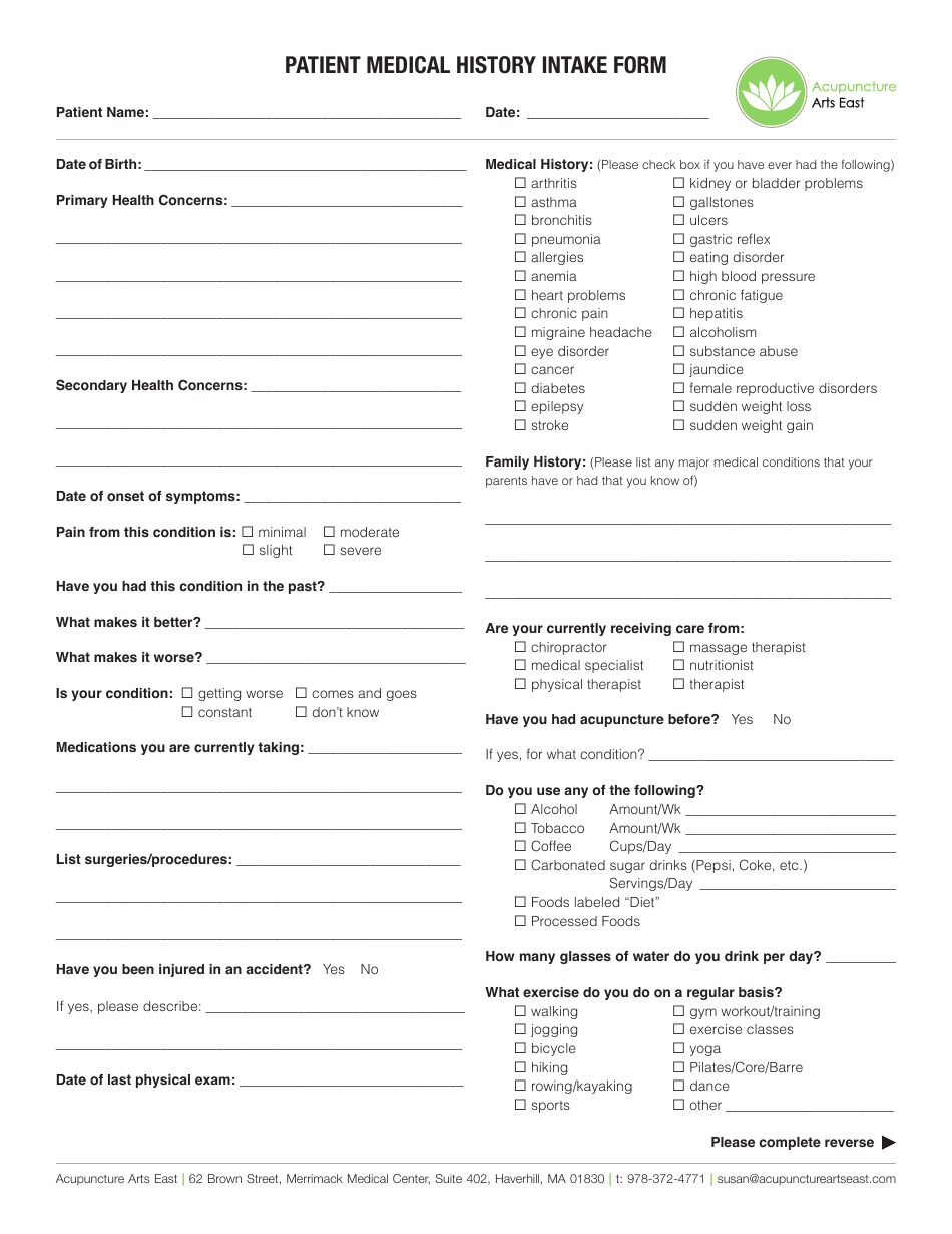 Acupuncture Patient Medical History Intake Form - Acupuncture Arts East, Page 1