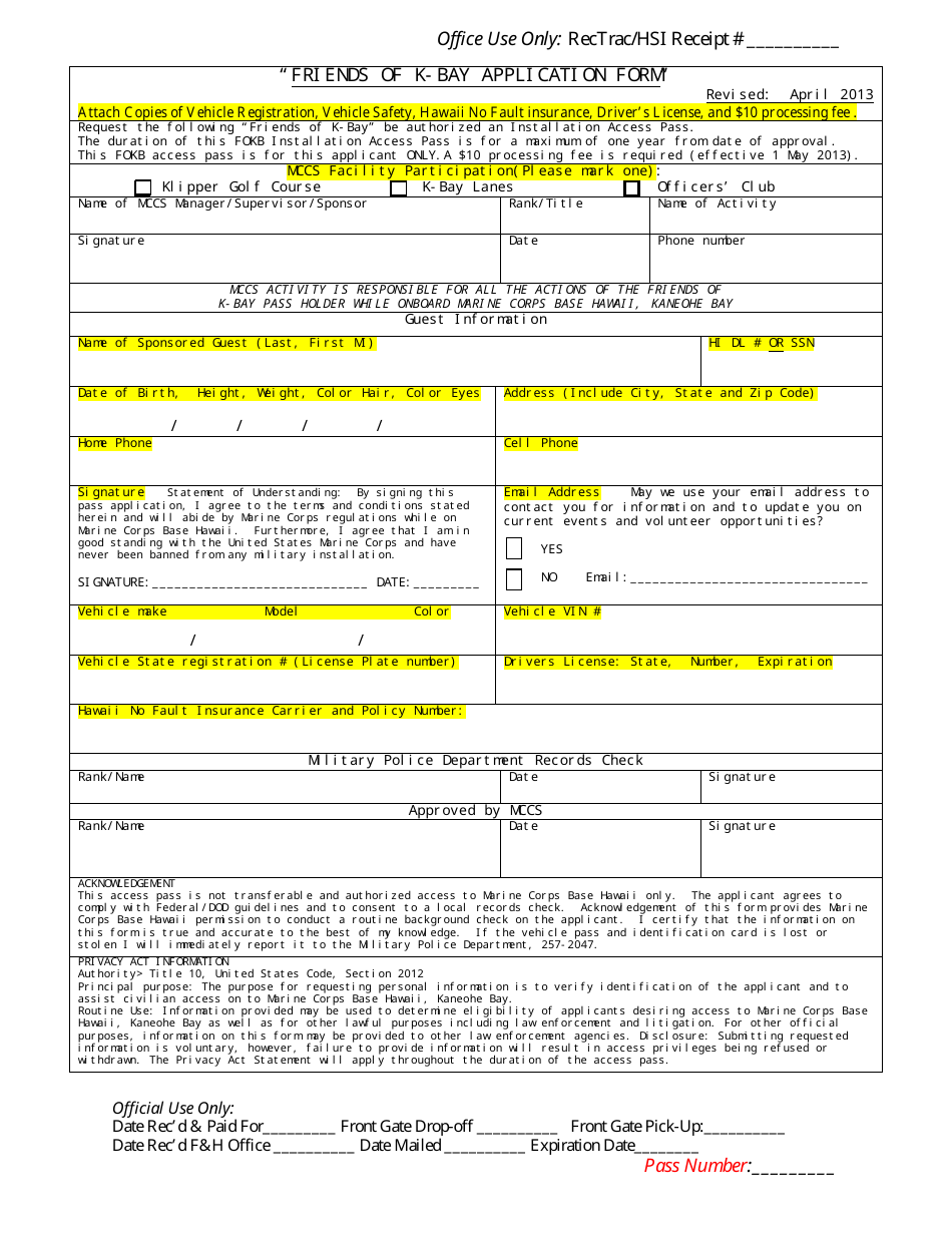 Friends of K-Bay Application Form - Hawaii, Page 1