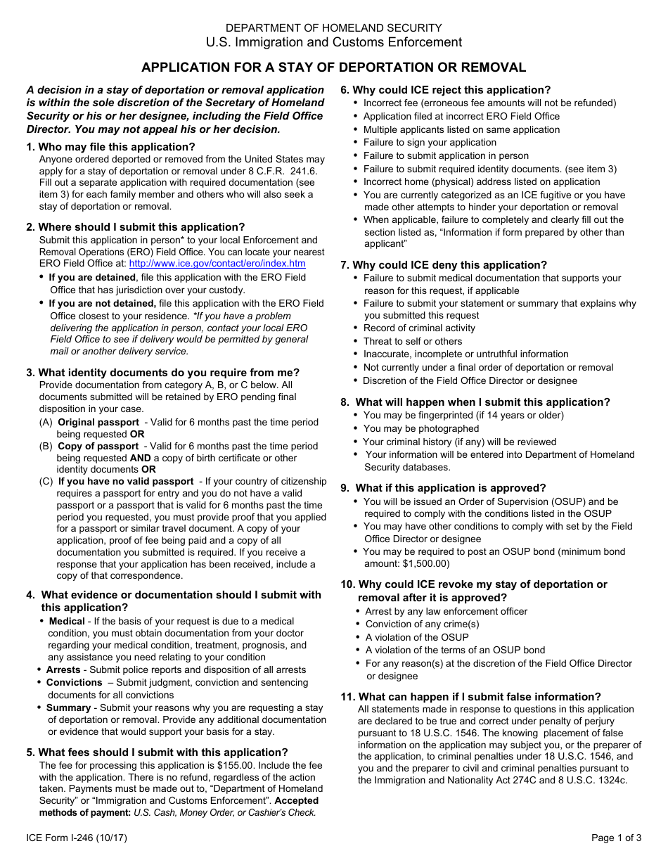ICE Form I-246 Application for a Stay of Deportation or Removal Form, Page 1