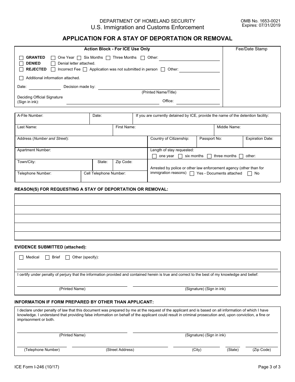 ICE Form I-246 Application for a Stay of Deportation or Removal Form, Page 3