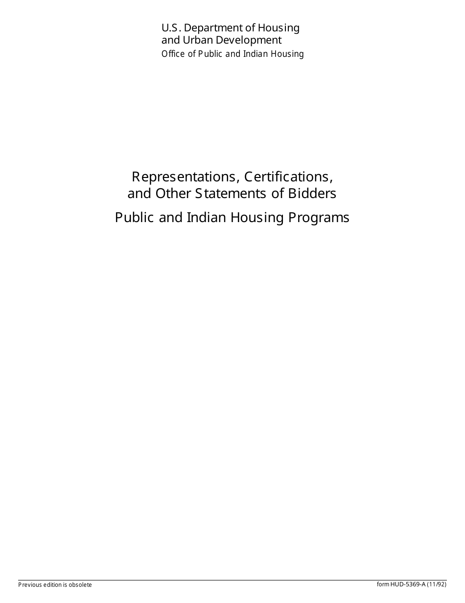 Form HUD-5369-A Representations, Certifications, and Other Statements of Bidders - Public and Indian Housing Programs, Page 1