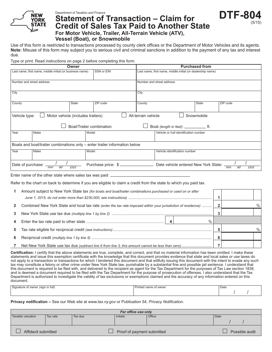 Form DTF-804 Statement of Transaction - Calim for Credit of Sales Tapaid to Another State for Motor Vehicle, Trailer, Allterrain Vehicle (Atv), Vessel (Boat), or Snowmobile - New York, Page 1